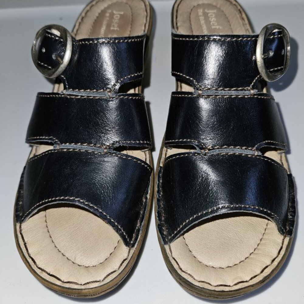 JOSEF SEIBEL Navy Blue 3 Strap Wedge Slip On Sandals Ladies 38 Size 7.5 - Picture 3 of 5